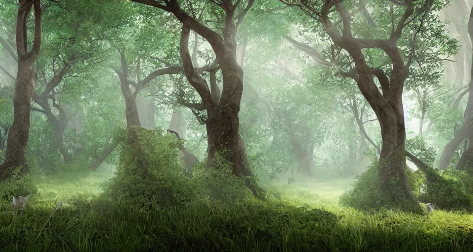 Prompt: Enchanted and magic forest, with Vray