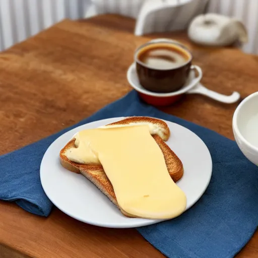 Image similar to sourdough toast with melted swiss cheese on a plate, morning light, cup of coffee