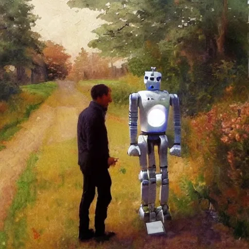 Prompt: legacy painter standing in awe of a superior robot artist, ultra epic masterpiece, impressionist water colour