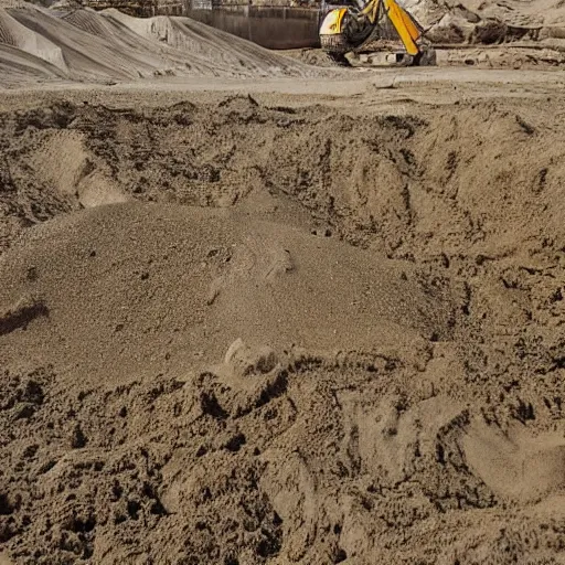 Image similar to in the distance, in the center of a large sandy quarry, a large golden ball lies in the sand, a broken excavator and a man in military uniform standing nearby, stylization is a grainy photo, high quality, depth of sharpness, emphasis and focus on the golden ball