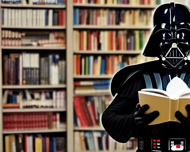 Image similar to a photograph of Darth Vader reading a book about moral philosophy