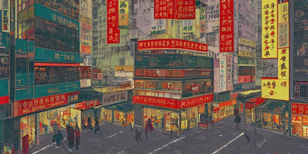 Prompt: a window view onto a street of shops in hong kong, by dan mumford and peter doig and edward hopper, minimal, black in, thick lines highly detailed, muted colours, overlaid with chinese adverts, 8 k