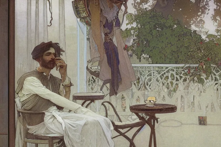 Image similar to a matte painting of a man sitting down and having a cup of tea in his house by the beach, by alphonse mucha, muted colors