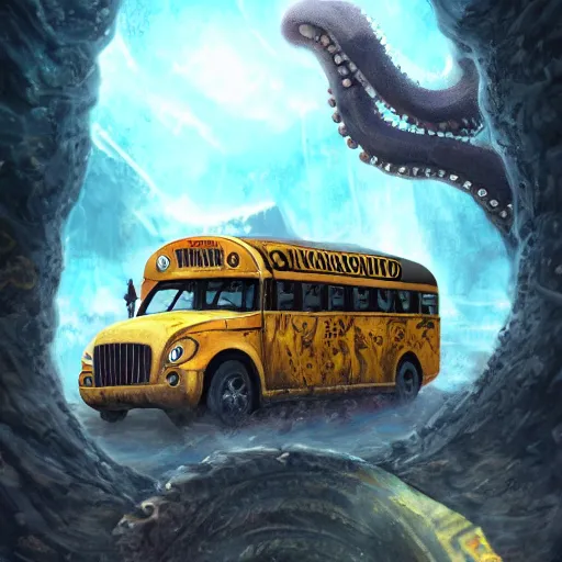 Prompt: ancient octopus monster devouring a school bus, crushing a school bus, highly detailed, 8 k, trending on artstation, award - winning art,