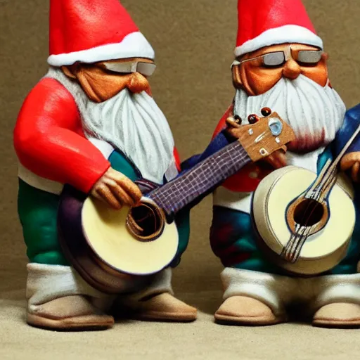 Image similar to gnomes playing in a band, musical instruments,