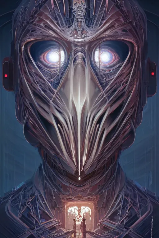 Image similar to professional concept art symmetrical portrait of a horror fractal robotic nightmare species in deep dark room by artgerm and greg rutkowski. an intricate, elegant, highly detailed digital painting, kubism, concept art, smooth, sharp focus, illustration, in the style of cam sykes.