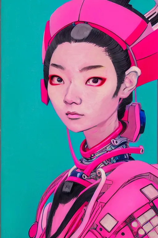 Image similar to portrait of a stylized japanese young mecha - geisha, painted in acrylic, pigment textures, in the colors hot pink and cyan, beautiful realistic face, rule of thirds, spotlight, by greg rutkowski, by jeremy mann, by francoise nielly, by van gogh, by ross tran, in focus, in the style of ghost in the shell