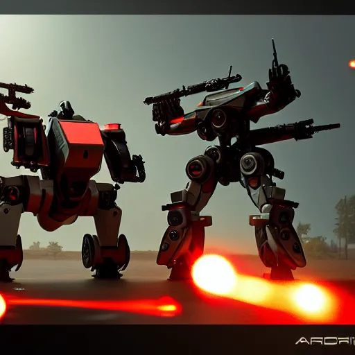 Prompt: futuristic armed battlemech shooting guns, highly detailed, 8 k, hdr, award - winning, unreal engine, trending on artstation, volumetric lighting