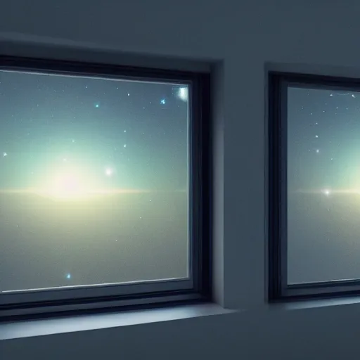 Image similar to Photorealistic Hubble photo in window, octane render, HD, volumetric lighting, mist, twilight, high details