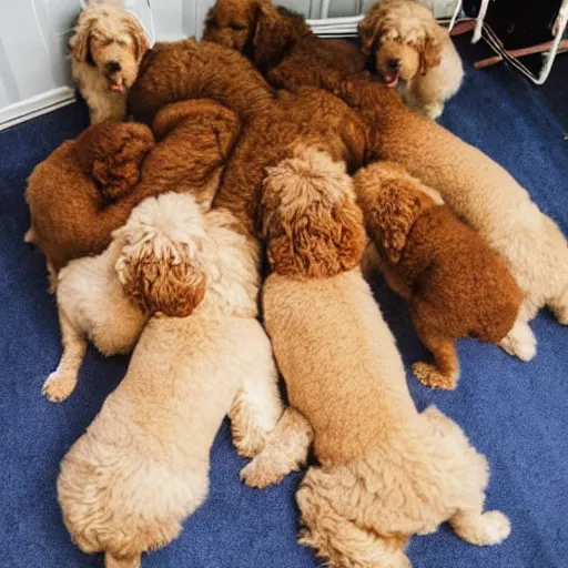 Image similar to a huge pile of golden doodle dogs, photography