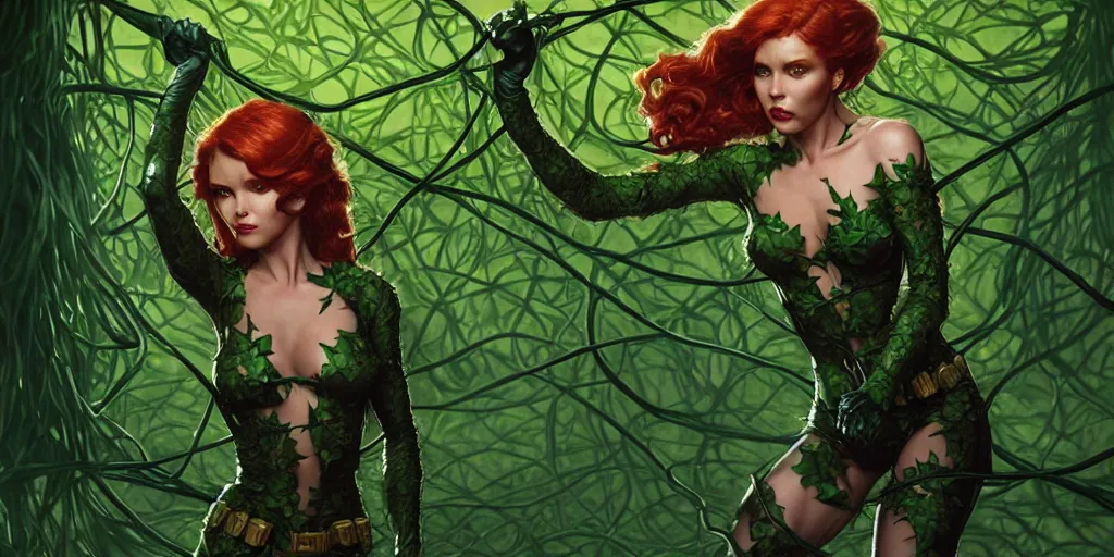 Prompt: poison ivy battle pose, Batman wrapped up in vines, illustration, realistic eyes, artstation, cinematic lighting, hyperdetailed, detailed realistic symmetrical eyes, cgsociety, 8k, high resolution, Charlie Bowater, Tom Bagshaw, Norman Rockwell, insanely detailed and intricate, prison background