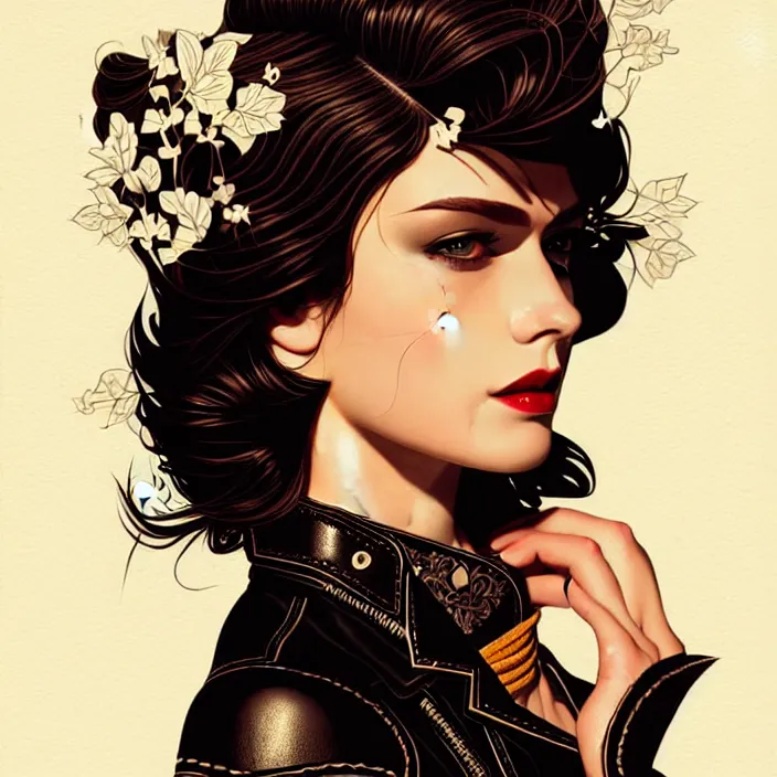 Image similar to woman in leather illustration, vector art style, medium shot, intricate, elegant, highly detailed, digital art, ffffound, art by jc leyendecker and sachin teng