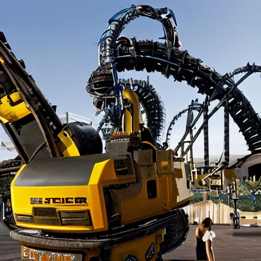 Image similar to stock photo of the theme park ride called “the power loader mech” vertical drop ride by James Cameron