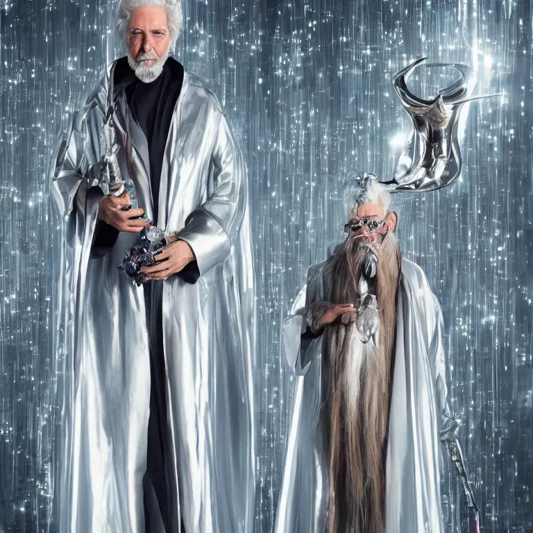 Prompt: high fashion photoshoot octane render portrait by wayne barlow and carlo crivelli and glenn fabry, a distinguished sci - fi futuristic wizard with a long white beard wearing a clear plastic iridescent wizard robes and holding a magical adorable critter while standing inside a futuristic beautiful boutique hotel lobby, very short depth of field, bokeh