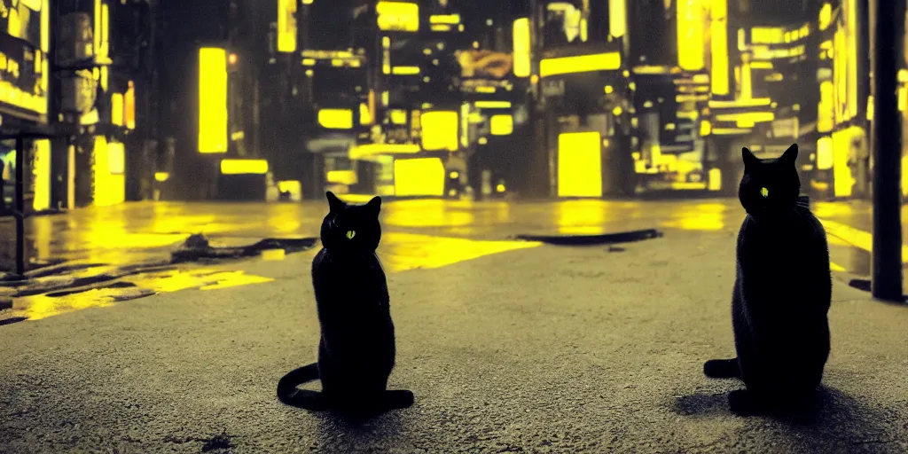 Image similar to a big black cat standing on the back paws and wearing yellow raincoat, cat is standing in the dark corner of a small badly lit street of a cyberpunk city