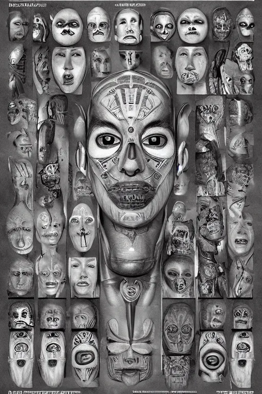 Prompt: aztec facial anatomy with gunmetal grey skin, medical anatomy, very symmetrical face, highly detailed, three - perspective / three - view reference sheet ( front / back / side ), in the style of dan ouellette, steven jung, amanda lilleston, hr giger, sil from species, dren from splice, mecha, artstation, unreal engine