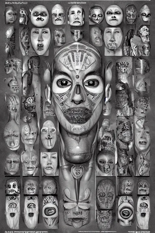 Image similar to aztec facial anatomy with gunmetal grey skin, medical anatomy, very symmetrical face, highly detailed, three - perspective / three - view reference sheet ( front / back / side ), in the style of dan ouellette, steven jung, amanda lilleston, hr giger, sil from species, dren from splice, mecha, artstation, unreal engine