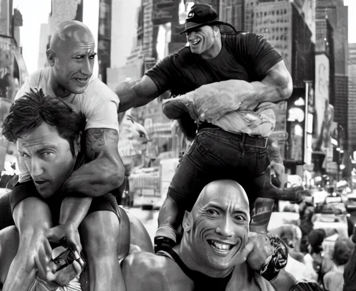 Image similar to Dwayne the Rock Johnson riding on the back of Adam Sandler, doing Methamphetamine at Times Square, photograph by Alfred Eisenstaedt, 4K, dramatic lighting; 4K 8K