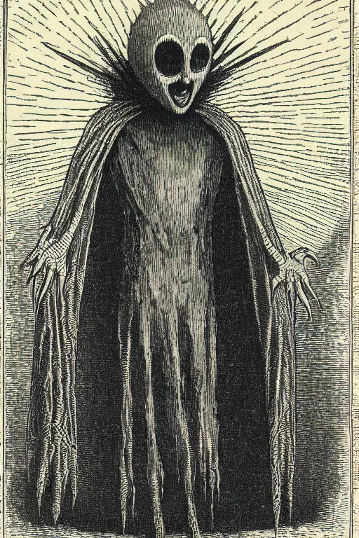 Image similar to the flatwoods monster, as a demon from the dictionarre infernal, pen - and - ink illustration, etching by louis le breton, 1 8 6 9, 1 2 0 0 dpi scan, ultrasharp detail, hq scan, intricate details, stylized border