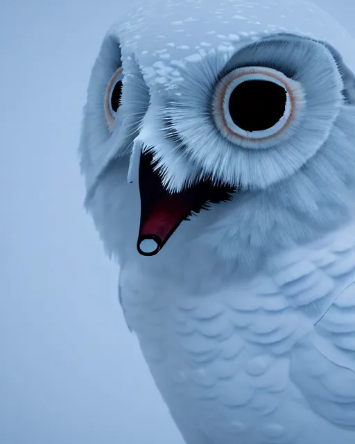 Image similar to closeup of a snow owls face, in the style of brian despain, digital art, unreal engine, volumetric lighting, dark moody lighting, post apocalyptic, 4 k