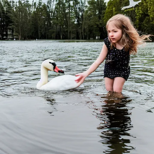 Image similar to girl drowning swan in lake