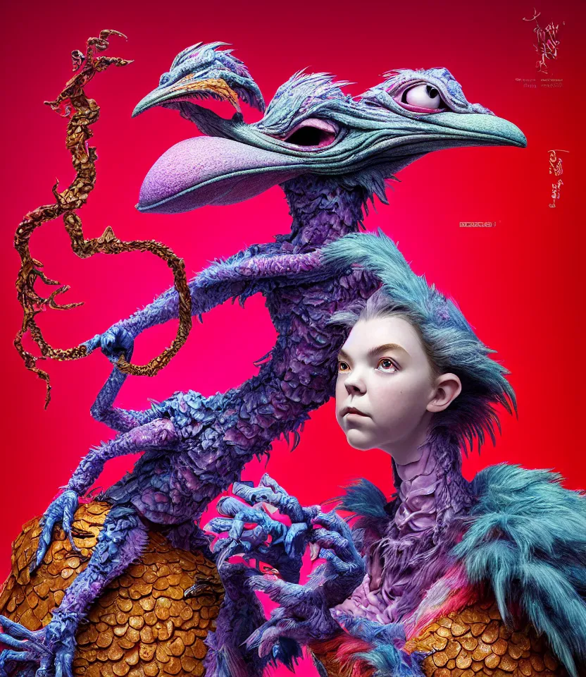 Image similar to hyper detailed 3d render like a Oil painting - kawaii portrait of two Aurora (a beautiful skeksis muppet fae princess protective playful expressive acrobatic from dark crystal that looks like Anya Taylor-Joy) seen red carpet photoshoot in UVIVF posing in scaly dress to Eat of the Strangling network of yellowcake aerochrome and milky Fruit and His delicate Hands hold of gossamer polyp blossoms bring iridescent fungal flowers whose spores black the foolish stars by Jacek Yerka, Ilya Kuvshinov, Mariusz Lewandowski, Houdini algorithmic generative render, golen ratio, Abstract brush strokes, Masterpiece, Edward Hopper and James Gilleard, Zdzislaw Beksinski, Mark Ryden, Wolfgang Lettl, hints of Yayoi Kasuma and Dr. Seuss, octane render, 8k