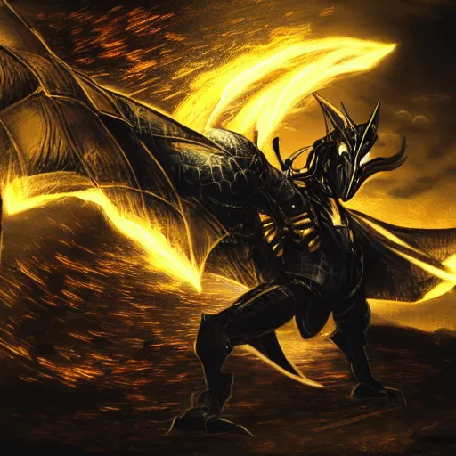 Prompt: black and gold knight fighting cyber dragon, honorable, cinematic, sharp