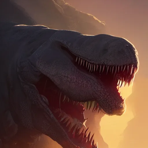 Prompt: a portrait of a trex, dramatic lighting, cinematic, establishing shot, extremly high detail, photorealistic, cinematic lighting, artstation, style by greg rutkowski