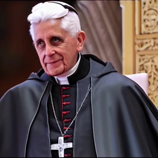 Image similar to pope benedict wearing sith cloak as chancelor palpatine in star wars episode 3, 8 k resolution, cinematic lighting, anatomically correct