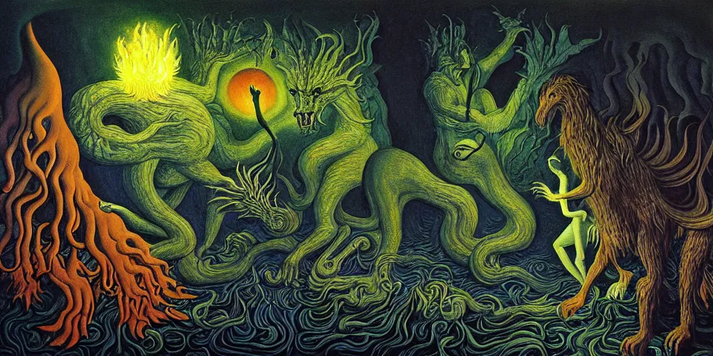 Prompt: mythical creatures and monsters in the imaginal realm of the collective unconscious, dramatic lighting glow from giant fire, in a dark surreal painting by johfra, mc escher and ronny khalil