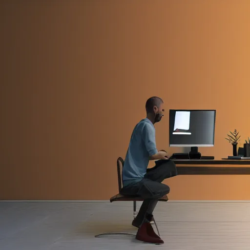 Prompt: human sitting in front of computer, vray, 5 5 mm