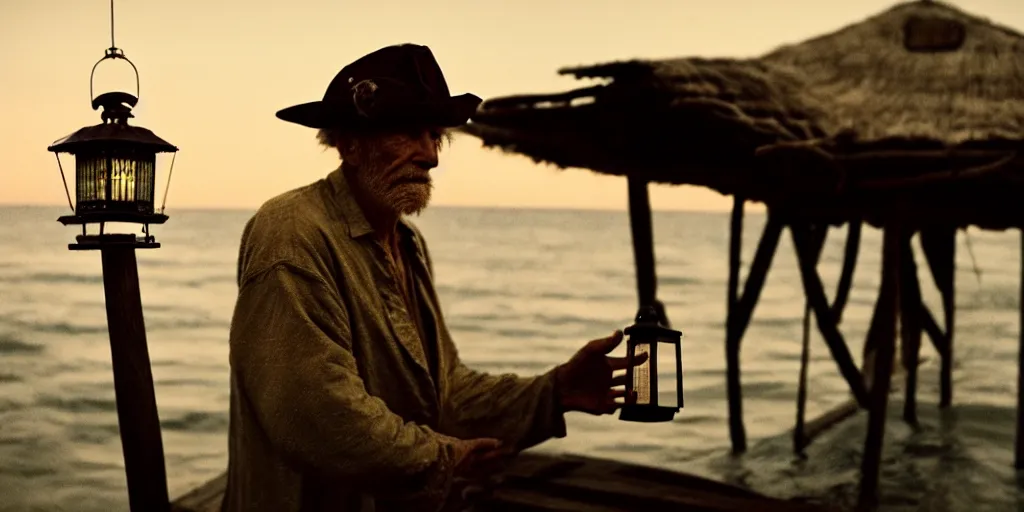 Image similar to film still of closeup old man holding up lantern by his beach hut at night. pirate ship in the ocean by emmanuel lubezki