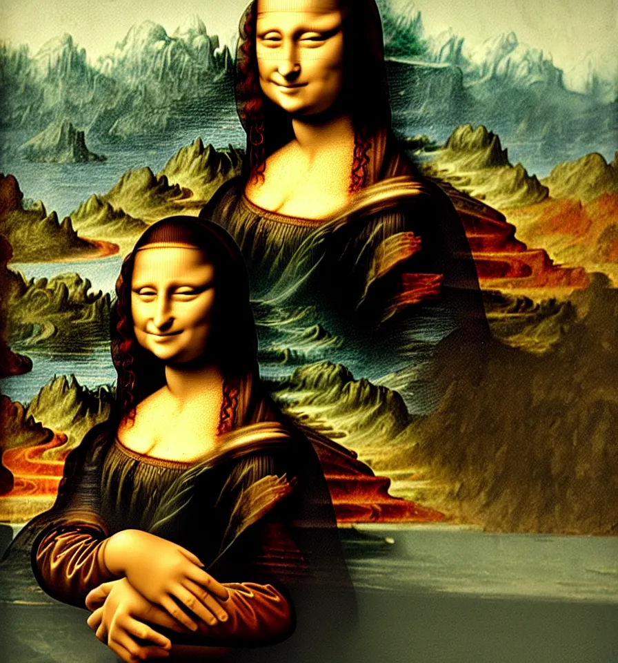 Prompt: Mona Lisa stealing the Mona Lisa