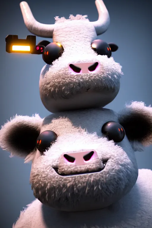 Image similar to high quality 3 d render very cute fluffy! cyborg cow! plays guitar, cyberpunk highly detailed, unreal engine cinematic smooth, in the style of blade runner & detective pikachu, hannah yata charlie immer, moody light, low angle, uhd 8 k, sharp focus