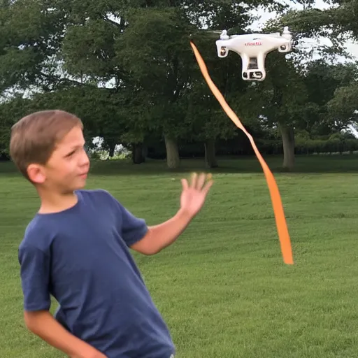 Image similar to a boy flying a drone as if it were a kite tied to a string.