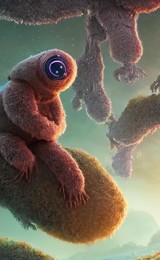 Prompt: microscopic tardigrades, magical forest, community, water bear, robots, electric, furry, soft, concept art, intricate details, highly detailed, photorealistic, disney pixar, octane render, iridescent, anime, 8 k