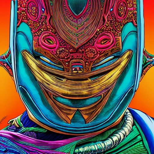 Image similar to beautiful portrait of the colorful masked figure, vivid colors, intricate, highly detailed, masterful, fantasy world, sci fi world, in the style of moebius, akira toriyama, jean giraud