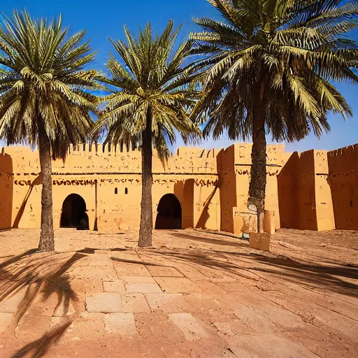 Prompt: landscape photograph of a large najdi mud house palace with gardens and palm trees. Detailed