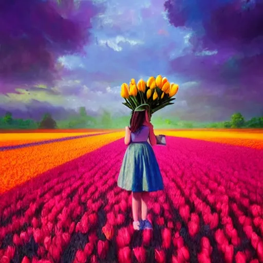 Prompt: large tulip as a head, girl standing in a flower field, surreal photography, sunrise dramatic light, impressionist painting, colorful clouds, digital painting, artstation, simon stalenhag