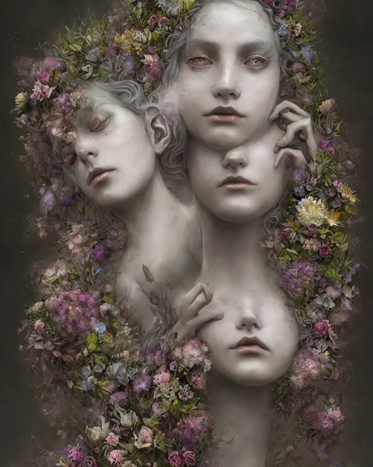 Image similar to front view of an beautiful ethereal female made of concrete and flowers turning into mist, Andrew Ferez, Charlie Bowater, Marco Mazzoni, Seb McKinnon, Ryohei Hase, trending on cgsociety, featured on zbrush central, new sculpture, mystical