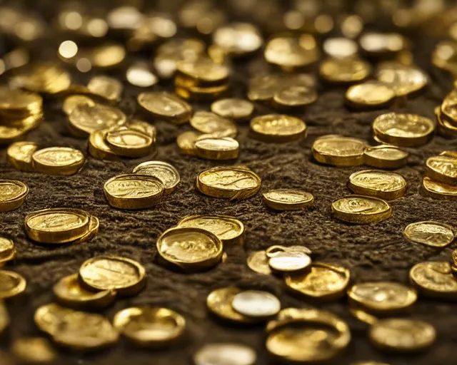 Prompt: 4 k hd, high resolution landscape photograph of fields covered with gold coins, raining dollars, shot with sigma f / 4. 2, 2 5 0 mm sharp lens, wide shot, high level texture render