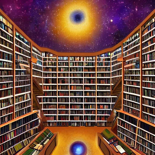 Prompt: Digital art of a cosmic library containing all the knowledge in the universe with books flying around, high detail, award winning