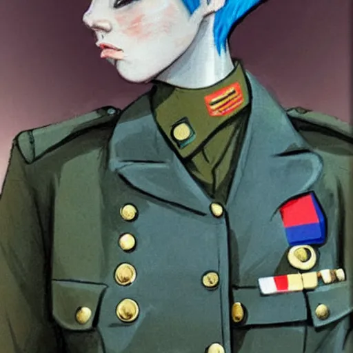 Image similar to girl in military uniform with short blue hair and sharp haircut in the style of Enki Bilal