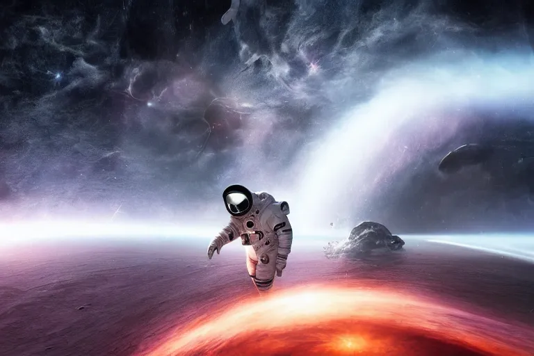 Image similar to photograph of an astronaut floating near a black hole space vortex, interstellar space suit, science fiction space suit, cinematic, hypermaximalist, detailed, 4k, breathtaking stars, surrealism, concept art, digital art, sharp focus, reflections, RTX, octane render, acid pixie, Trending on DeviantArt