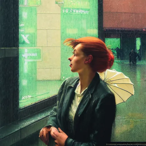 Image similar to detailed portrait of a woman, moment, cyberpunk cloisters, electronic billboards, tech noir, wet reflections, atmospheric, ambient, wlop, norman rockwell, alexis flower, hopper, livia prima, greg rutkowski, george tooker, gil elvgren, norman rockwell, alexis flower, hopper, mucha, whistler, norman rockwell, peter max,