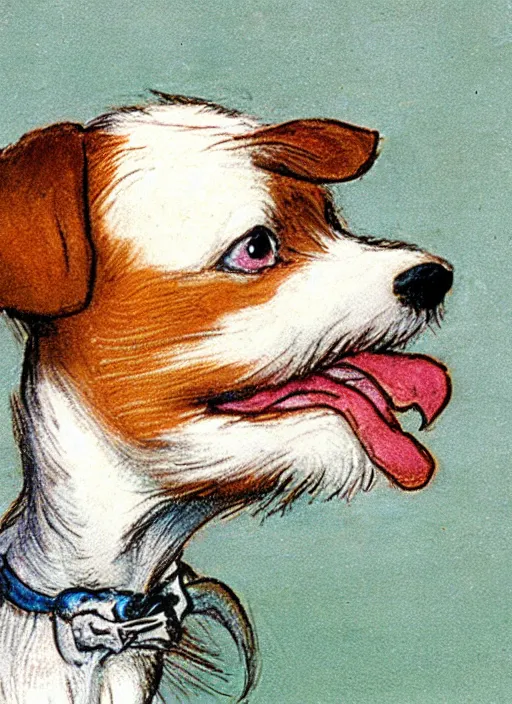 Image similar to closeup candid portrait of a jack russel terrier howling up, illustrated by peggy fortnum and beatrix potter and sir john tenniel