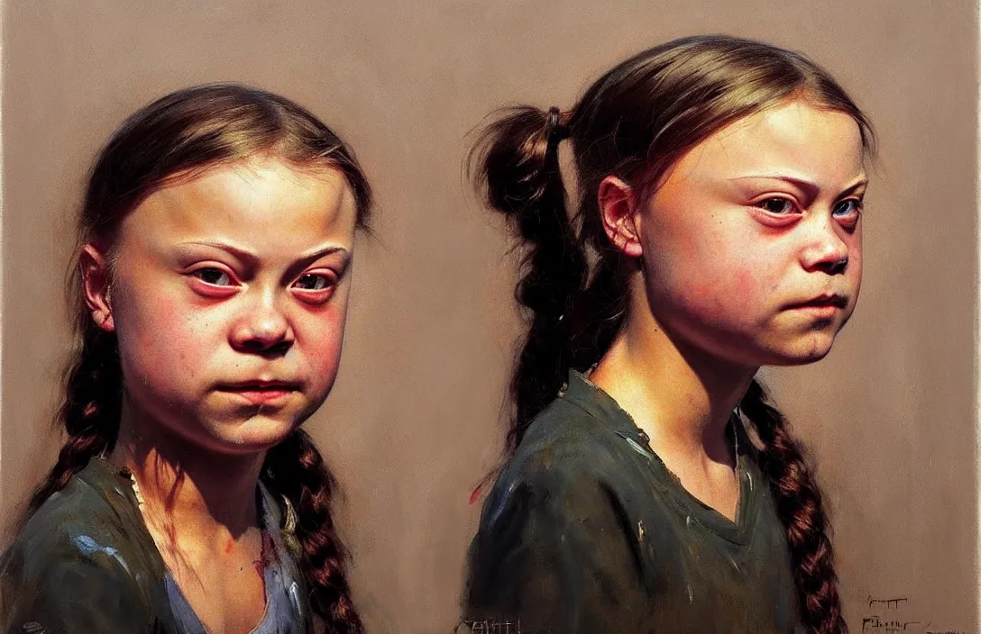 Prompt: portrait of greta thunberg!!!!!!!!!!!!!!!!!!!!!!!!!!!, detailed face, detailed painting, epic lighting, by ilya repin, phil hale and kent williams