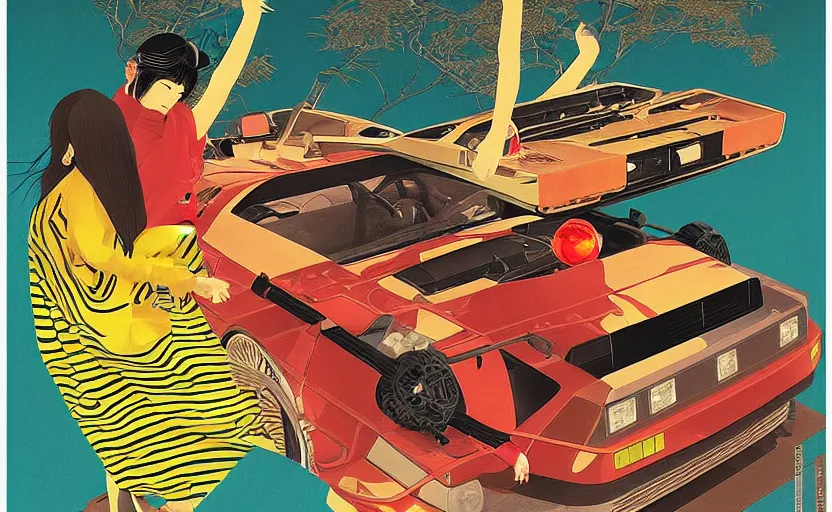 Image similar to a red delorean and a yellow tiger, painting by hsiao - ron cheng & utagawa kunisada, magazine collage style,