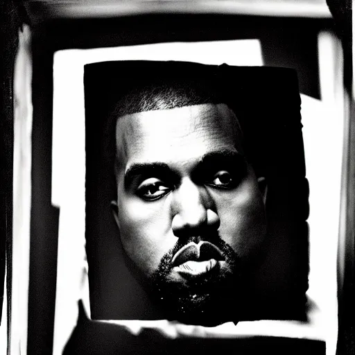 Image similar to a ( ( chiaroscuro lighting portrait ) ) of kanye west ( ( ( dressed as teddy bear mascot ) ) ), black background, ( ( ( portrait by julia margaret cameron ) ) ), shallow depth of field, 8 0 mm, f 1. 8