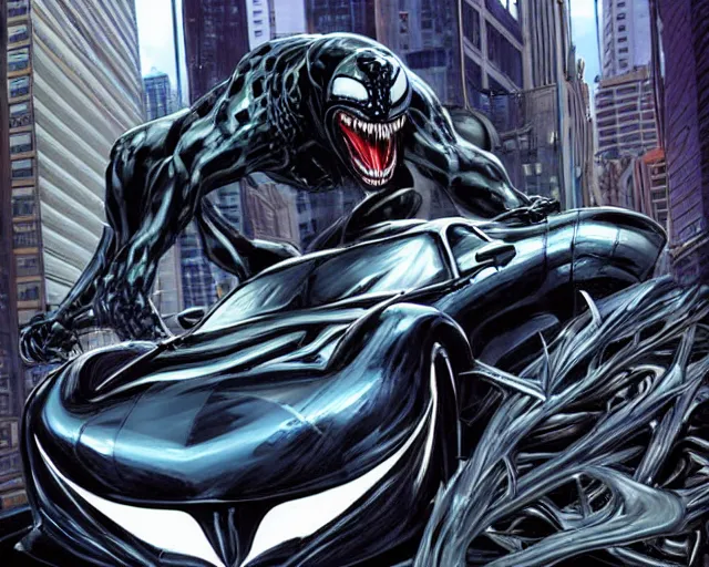 Image similar to Venom standing on top of a wrecked car in the city art by Clayton Crain, Javier Garron and Gerardo Sandoval, Ultra detailed, hyper realistic,